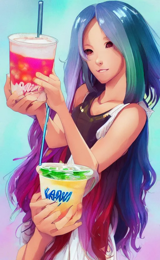 Kawaii anime girl with long wavy pink hair holding boba tea