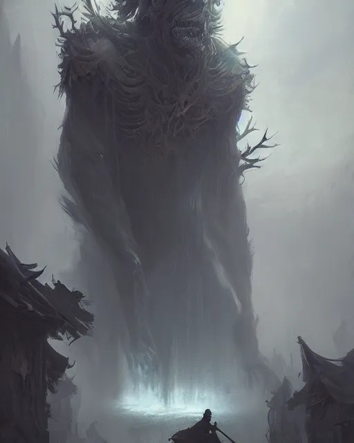 Image similar to a giant horrifying shadow spirit, fantasy horror painting by greg rutkowski and james gurney, trending on artstation, masterpiece, highly detailed, 8 k