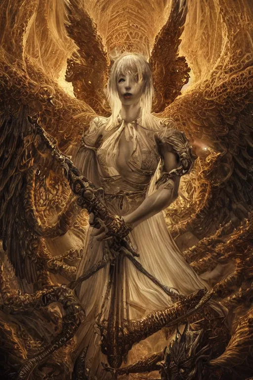 Image similar to portrait of a angel surrounded by demons, Dark Souls 3 themed, insanely detailed and intricate, golden ratio, elegant, ornate, luxury, elite, ominous, haunting, matte painting, cinematic, cgsociety, James jean, Brian froud, ross tran, Laputa