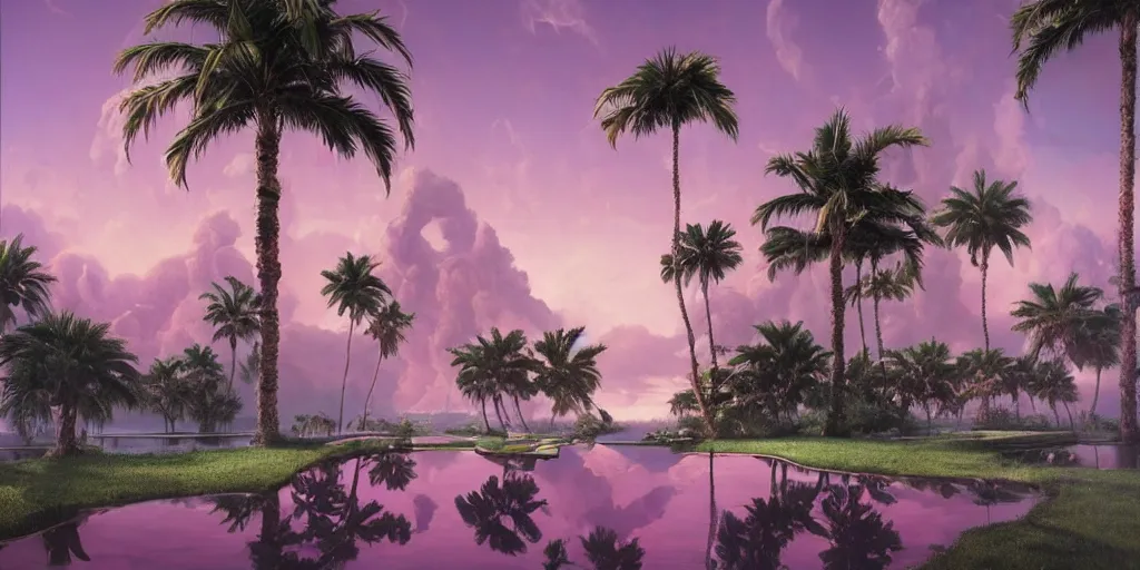 Prompt: artgem and greg rutkowski masterpiece, hyperrealistic surrealism, award winning masterpiece with incredible details, epic stunning, infinity pool, a surreal vaporwave liminal space, highly detailed, trending on ArtStation, calming, meditative, pink arches, palm trees, very vaporwave, very very surreal, sharp details, dreamscape, giant head statue ruins