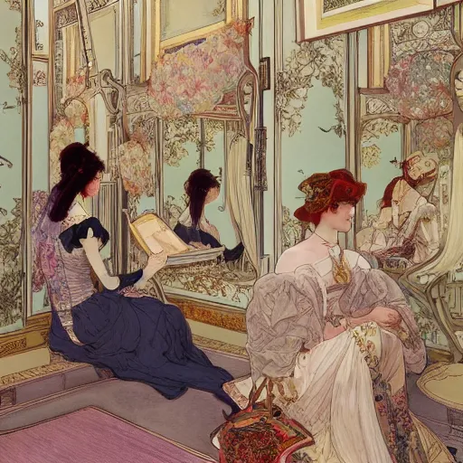 Image similar to a beautiful intricate watercolor illustration of a victorian dressing room, 4 k, ultra - wide angle, by william turner, by victo ngai, by alphonse mucha, by miho hirano, hd, trending on artstation, hyper detailed, muted colors