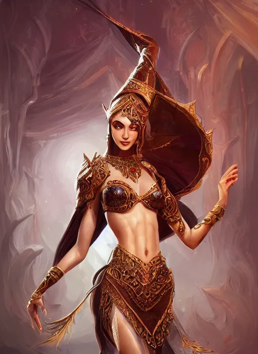 Prompt: a highly detailed illustration of an elegant elf arabian dancer, gracefully belly dancing pose, waving arms, high fantasy, intricate, elegant, highly detailed, centered, digital painting, artstation, concept art, smooth, sharp focus, league of legends concept art, WLOP