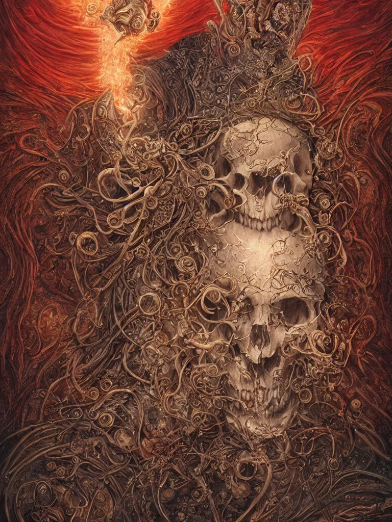 Image similar to A beautiful detailed orixa, tarot card, by tomasz alen kopera and Justin Gerard, symmetrical features, ominous, magical realism, texture, intricate, ornate, royally decorated, skull, skeleton, whirling smoke, embers, red adornements, red torn fabric, radiant colors, fantasy, trending on artstation, volumetric lighting, micro details, 3d sculpture, ray tracing, 8k, anaglyph effect