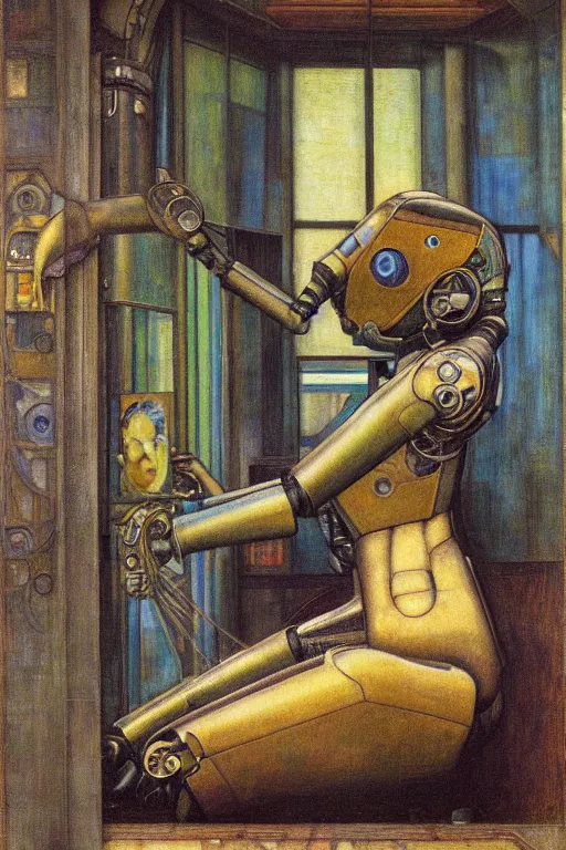Image similar to the robot wearing his electric crown stands by the window , by Annie Swynnerton and Diego Rivera and Elihu Vedder, symbolist, dramatic lighting, elaborate geometric ornament, Art Brut, soft blues and greens,smooth, sharp focus, extremely detailed, Adolf Wölfli and Evelyn De Morgan