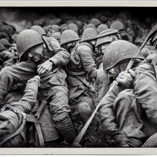 Image similar to soldiers fighting in trenches, war, black and white, polaroid photo, hyper realistic, 4 k, highly ornate intricate details, sharp image, incredible detail,