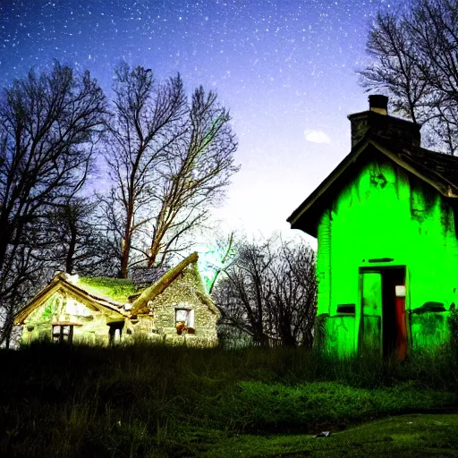 Prompt: abandoned cottage with green light emitting, night, the sky is black, dark, dark