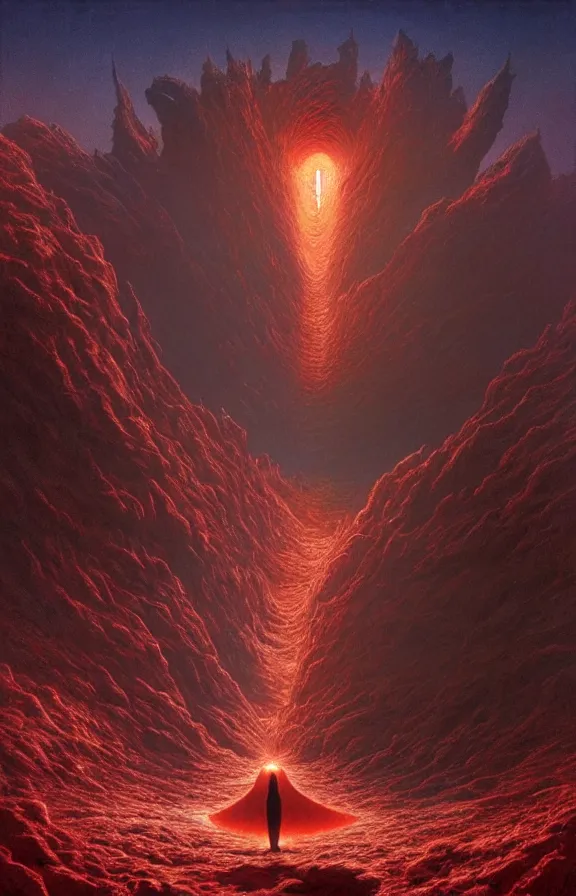 Prompt: enormous portal into godhood created by primordial demiurge flickers omniously on a barren hellish exoplanet, philosophical concept illustrated by James Gurney and Zdzislaw Beksinski and Dariusz Zawadski, dramatic lighting, ultra HD, HDR, 8k