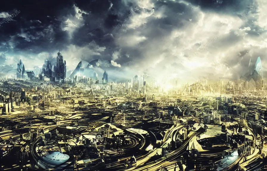 Image similar to vista of futuristic city, harmony of technology and nature, dramatic afternoon sky