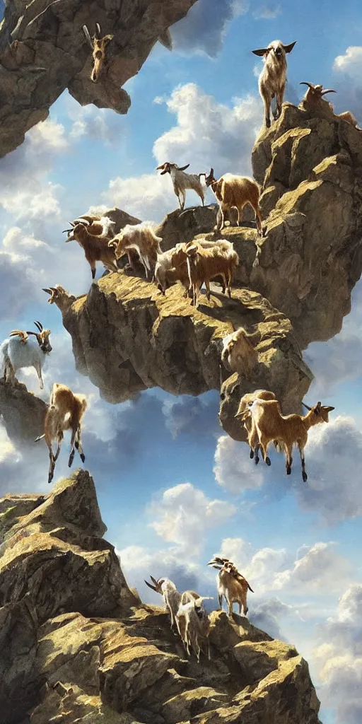 Image similar to a pack of goats climbing a citadel in the sky, beautiful, highly detailed