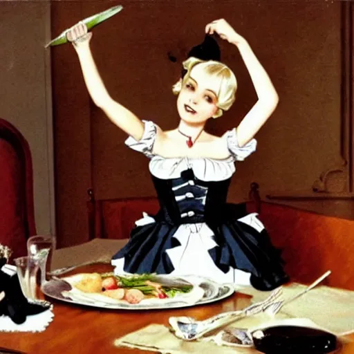 Prompt: ladies versus butlers! french maid laying on dining room table, innocent face, cute pose