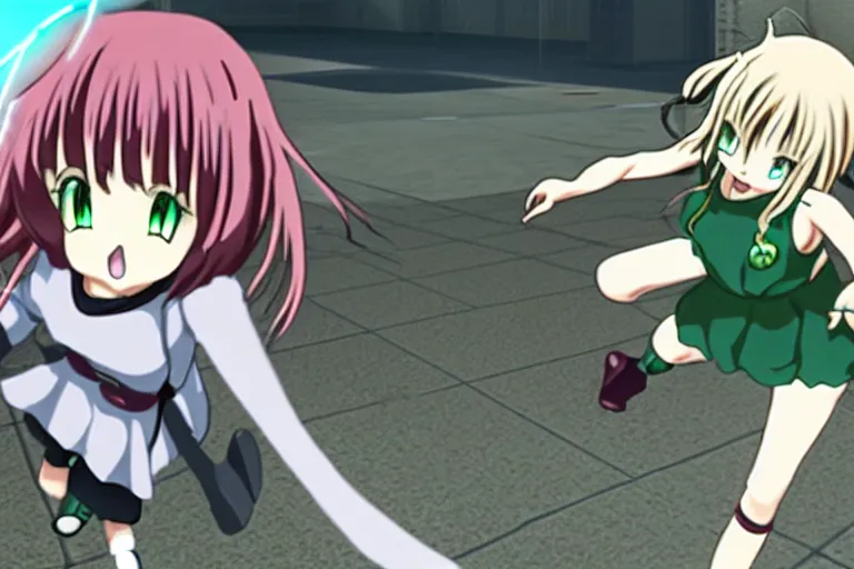 Image similar to an anime girl in a screenshot of the video game doom, the anime girl is running