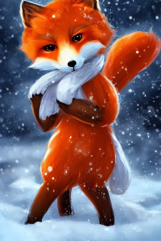 Image similar to an anthropomorphic fox with a fluffy tail wearing a scarf playing in the snow, backlighting, trending on artstation, digital art, furry art, trending on furaffinity