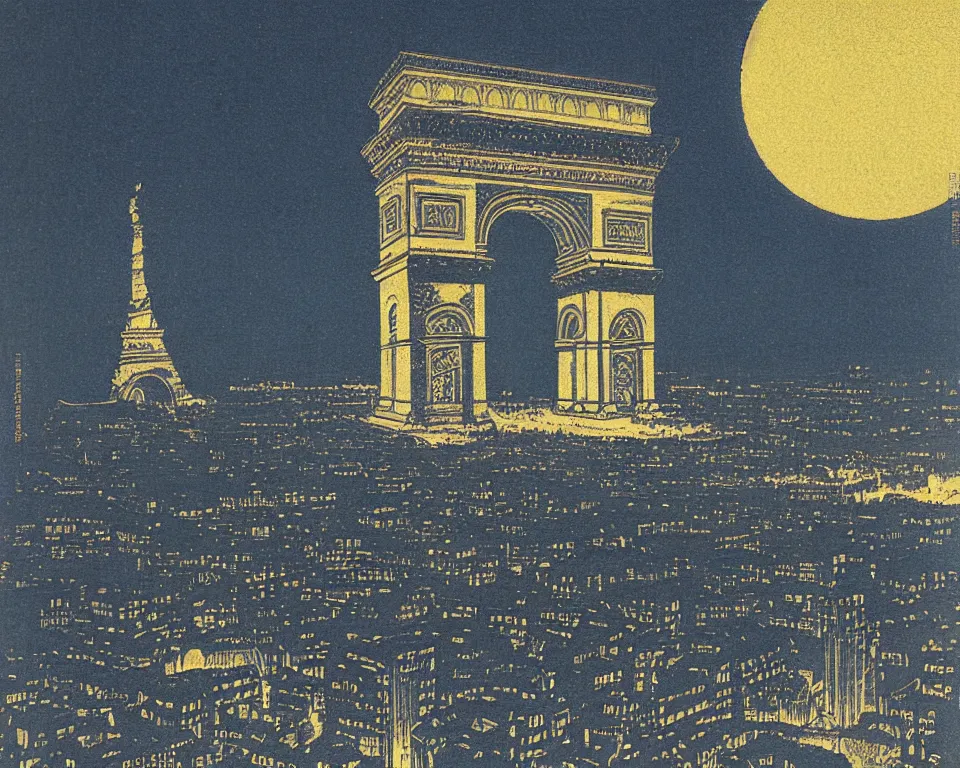 Prompt: achingly beautiful print of the Arc de Triomphe bathed in moonlight by Hasui Kawase and Lyonel Feininger.