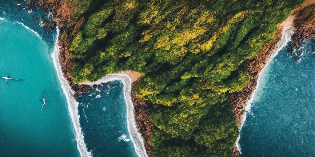 Image similar to nature landscape, aerial view, drone photography, cinematic, mountains and ocean