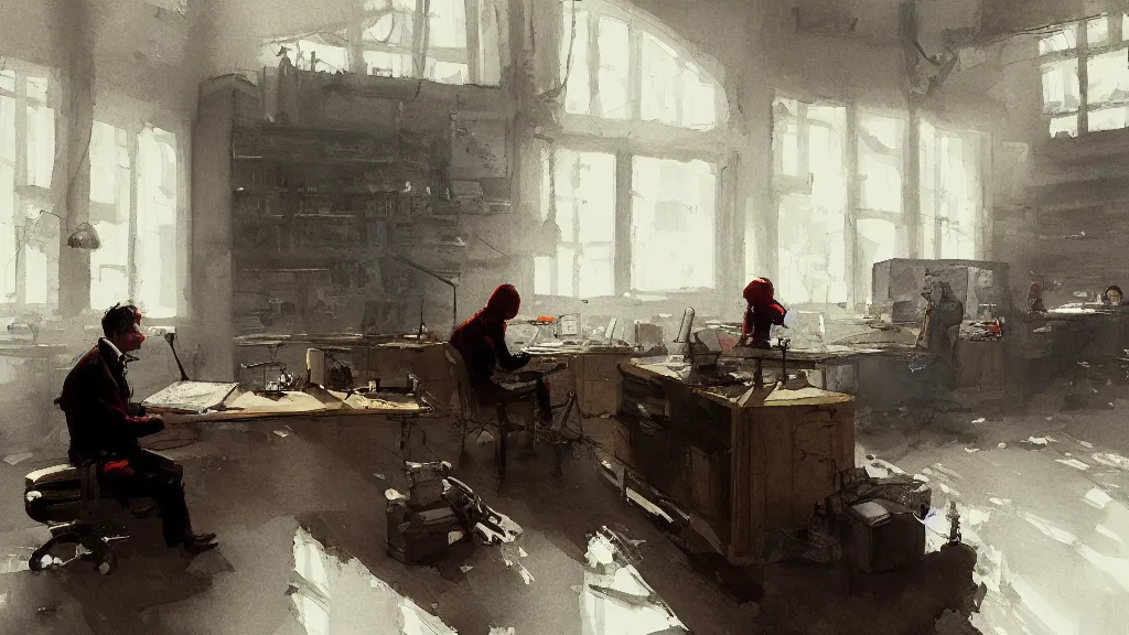 Prompt: interior of an office with a worker taking notes, watercolored, jakub rozalski, dark colours, dieselpunk, artstation