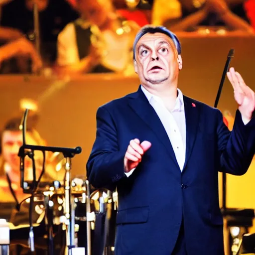 Image similar to viktor orban giving his last concert, concert photography