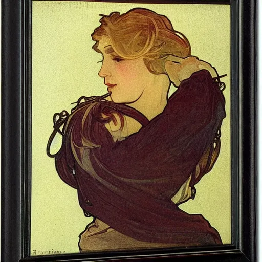 Image similar to A blonde horsewoman by Alphonse Mucha