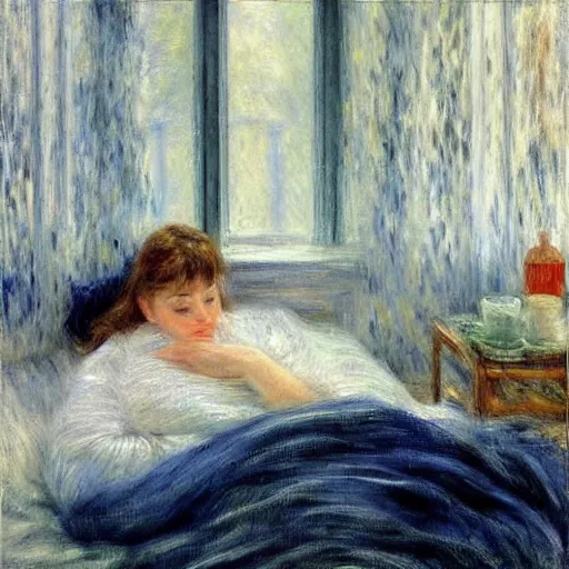 Image similar to on a rainy day, someone in home sits in bed, curled up under the covers, watching the rain outside the window, cinematic, artstation, extremely detailed, intricate, cinematic lighting, art by pierre - auguste renoir, gustave caillebotte