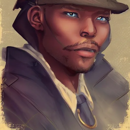 Image similar to african american man with blue eyes, blonde hair, wearing steampunk attire, highly detailed, digital painting, artstation, matte, by makoto shinkai, animation style