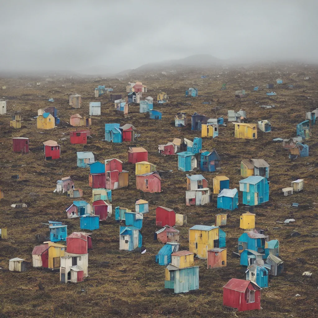 Prompt: towers made up of colourful makeshift squatter shacks, bleached colours, moody cloudy sky, dystopia, mamiya, very detailed, photographed by cristina de middel