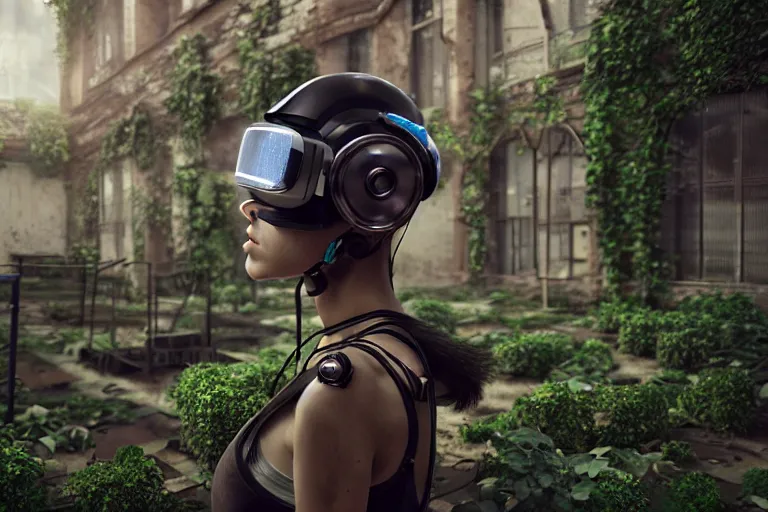 Image similar to Broken cyborg girl with VR helmet on old courtyard with mud and an old playground between two soviet five-storey overgrown with ivy panel houses, high details, cinematic, 8k resolution, beautiful detailed, insanely intricate details, artstation trending, rule of third, octane render, unreal engine