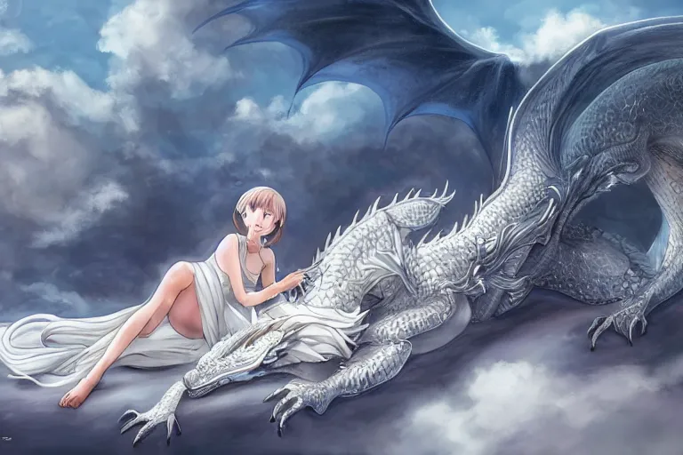 Image similar to a hyper detailed big render of princess lie on the ground be surrounded snuggle by a huge silver white dragon, in the white clouds fairyland center, finely detailed angelic face, style of studio ghibli, makoto shinkai, xision, ilya kuvshinov and artgerm, kazuki tanahashi, james jean, animation, golden curve composition, telephoto lens