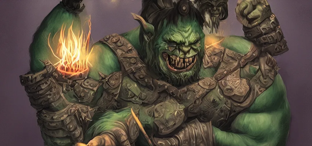 Image similar to 'stylized D&D wizard Orc, Dirty brute Orc with tattoo, casting a spell to create eerie white lighting'