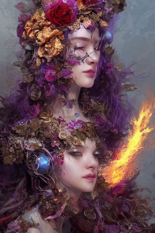 Image similar to face closeup of extremely beautiful girl necromancer, witch - doctor exploding into flowers, face covered with velvet and organic ornaments, angels, 3 d render, hyper - realistic detailed portrait, holding fire and electricity, leaves and magic, ruan jia, wlop. scifi, fantasy, magic the gathering, hyper detailed, octane render, concept art, peter mohrbacher