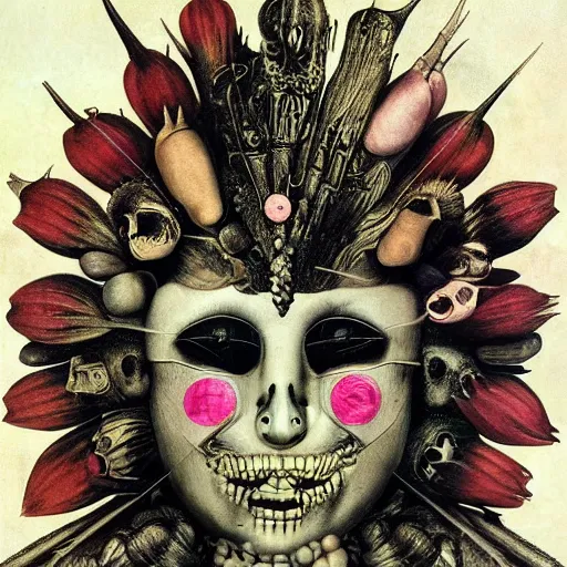 Prompt: post - punk new age album cover, asymmetrical design, yoga, relaxation, magic, apocalypse, psychedelic, black white pink, magic, giger h. r., giuseppe arcimboldo