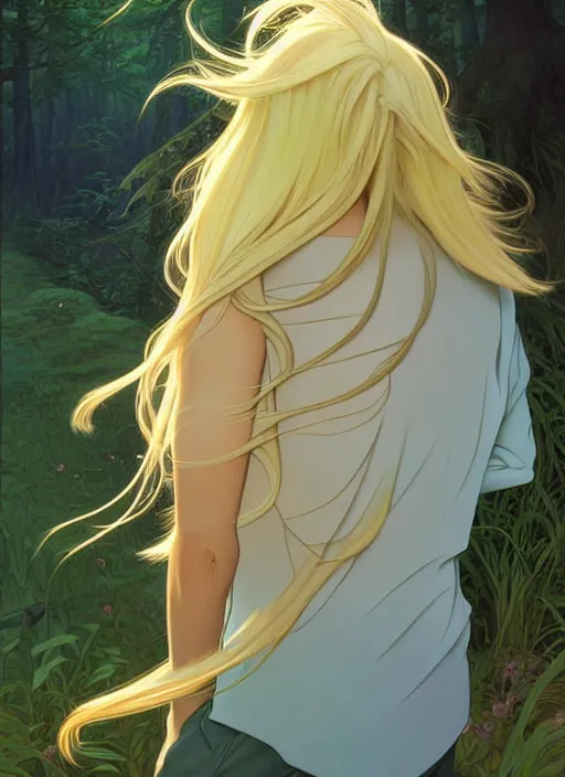 Image similar to young man with long blond hair, from behind, lost in a forest, natural lighting, path traced, highly detailed, high quality, digital painting, by don bluth and ross tran and studio ghibli and alphonse mucha, artgerm