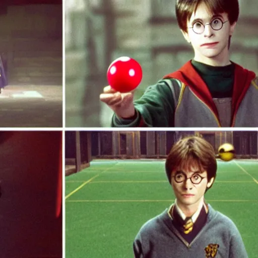 Prompt: Harry Potter(2001) as a Pokemon trainer holding a poké ball, intense facial expression, inside a Pokéstadium arena, in the style of Pokemon the Movie(2000)