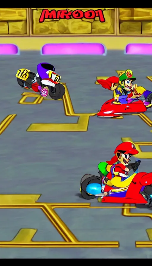 Image similar to shantae racing on mach bike in bowser’s castle mario kart 64