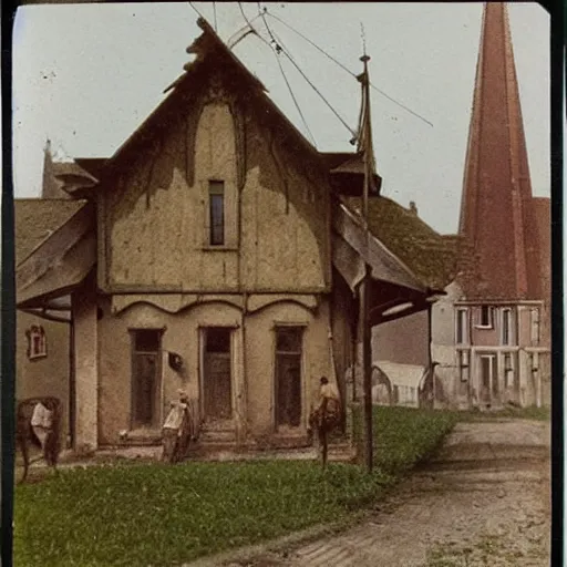 Image similar to Emil Verharn. 1900. Photo in color image. High definition. The city of Sint Amands. Symbolism on old houses.