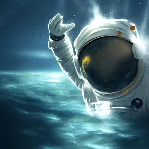 Image similar to an astronaut floating in the middle of deep water being hit by sun rays, trending on art station, atmosphere, concept art, photorealistic, high detailed