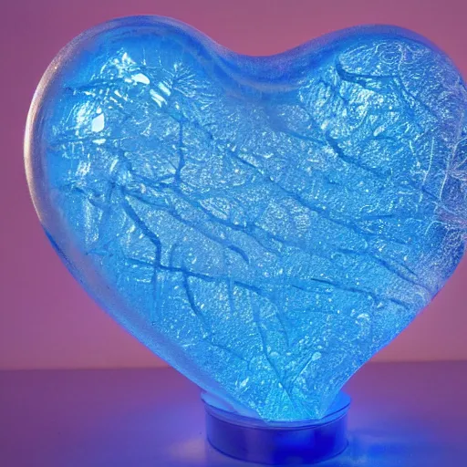 Prompt: a very beautiful human heart shaped glass sculpture made of icy snowy frosted glass with light blue white tint. studio lighting, high resolution, high quality