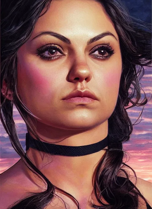 Image similar to epic portrait of Mila Kunis wearing black choker, a very strong muscled Amazon heroine, sun beams across sky, pink golden hour, intricate, elegance, highly detailed, shallow depth of field, epic vista, concept art, art by Artgerm and Donato Giancola, Joseph Christian Leyendecker