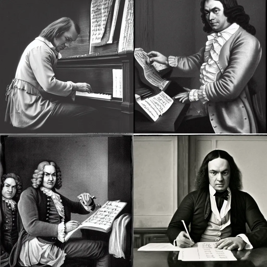 Prompt: Johann Sebastian Bach writes a new symphony, black and white old photo, Kodak, 35mm, ,