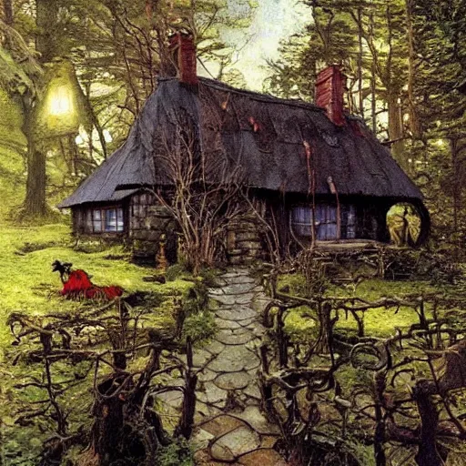 Prompt: witch cottage in the forest, art by norman rockwell and donato giancola and greg rutkowski, vintage art, realistic