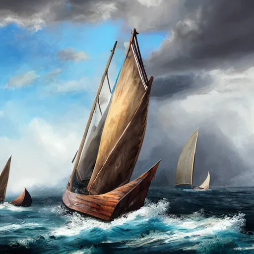 Image similar to a fleet of ancient trojan sailboats, amidst crashing waves and huge looming rocks, whirlpool, trireme, skiff, wooden sailboats, grim, lightning flashes, sky swirling with black wind, dark sky, dramatic, realistic, detailed, ancient, artstation, artgerm, digital painting