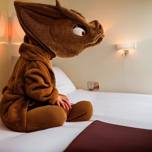 Prompt: a dragon wearing a bathrobe in a hotel room