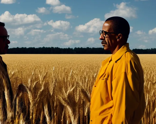 Image similar to walter white and gustavo fring stand facing each other from a distance in a wheat field, long shot, side view, 3 5 mm photograph, 8 k resolution, wide shot, sharp lens