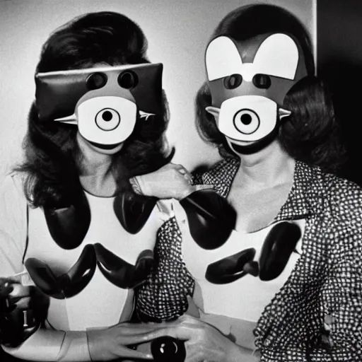 Image similar to 1978 twin women on tv show wearing an inflatable mask with a long prosthetic nose and googly eyes, wearing a leotard on the dancefloor 1978 technicolor archival footage color film 16mm holding a hand puppet Fellini Almodovar John Waters Russ Meyer Doris Wishman
