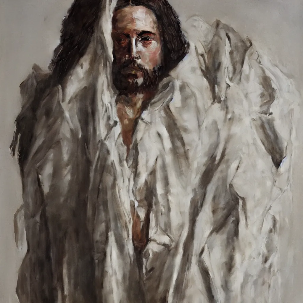 Image similar to a full body lookbook portrait of modern - day jesus wearing cream yeezy and fear of god menswear collection by nicola samori, detailed, oil painting, hyper - realistic, 8 k, yeezy collection