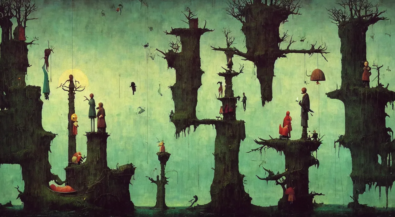 Image similar to single flooded simple!! doll tower totem!! pole, very coherent and colorful high contrast masterpiece by norman rockwell franz sedlacek hieronymus bosch dean ellis simon stalenhag rene magritte gediminas pranckevicius, dark shadows, sunny day, hard lighting