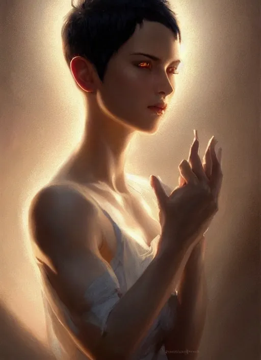 Prompt: girl with short white hair, beautiful highly detailed face, complementary lighting, backlit, divine, beautiful painting by artgerm and greg rutkowski and raymond swanland