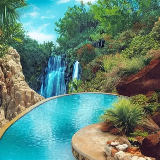 Image similar to dreaming of turquoise infinity pools and waterfalls, detailed, landscape