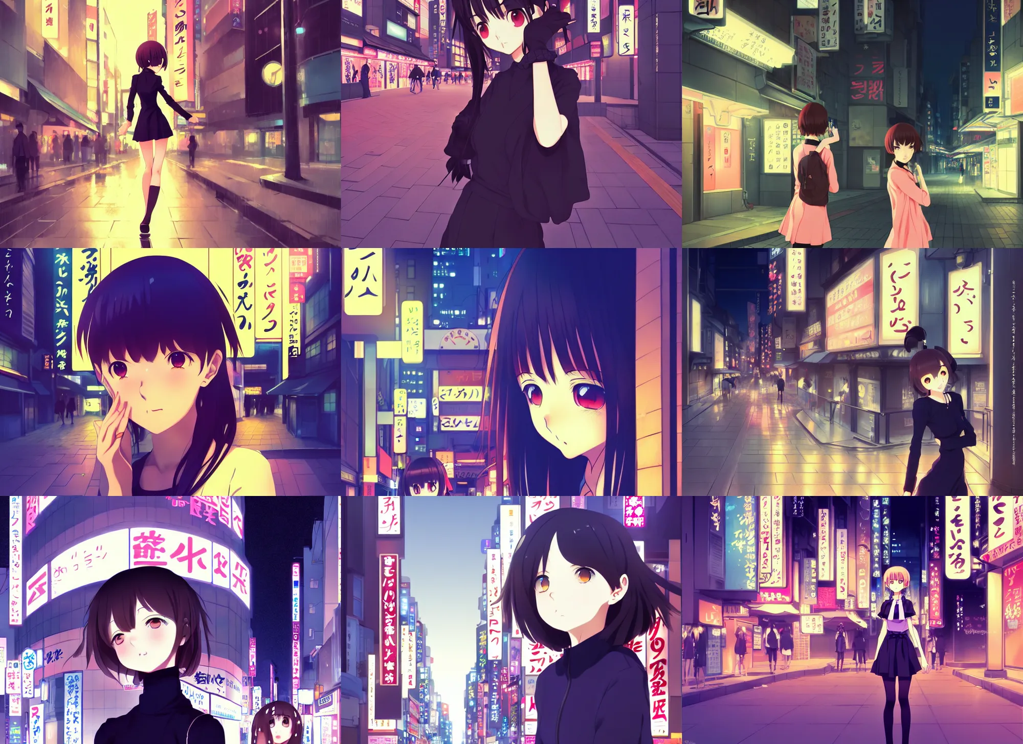 Prompt: anime visual, portrait of a young female sightseeing in shibuya at night, low light, cute face by ilya kuvshinov, yoh yoshinari, makoto shinkai, dynamic pose, dynamic perspective, cel shaded, flat shading mucha, rounded eyes, moody, detailed facial features, speed grapher