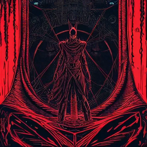 Image similar to red curtains, black paper + tarot card + eldritch god, vintage detailed sci-fi illustration designed by Marc Simonetti and Mike Mignola + psychedelic black light style + intricate ink illustration + symmetry + bloodborne, dark and mysterious, atmospheric, ominous, eerie, cinematic, 4k, ultra detail, ultra realistic