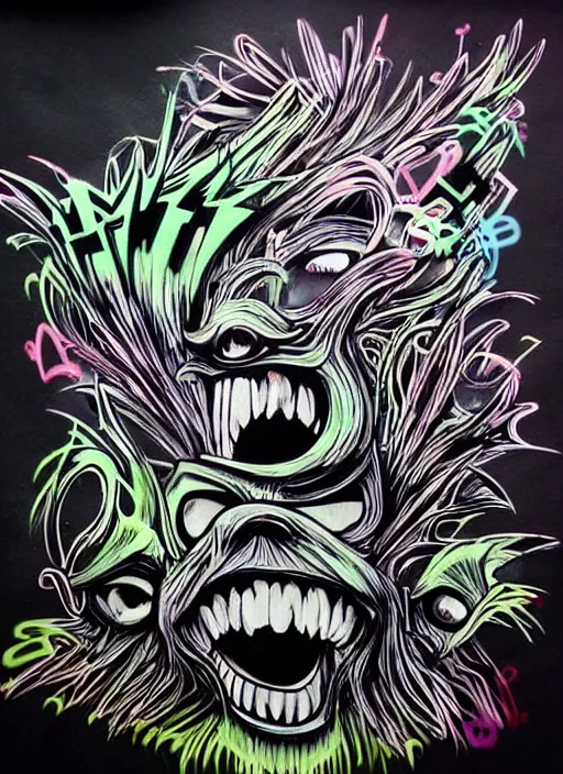 Prompt: beautiful graffiti monsters on black background paper