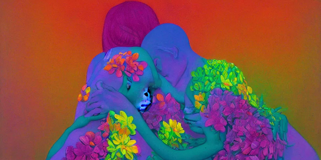 Image similar to portrait of women hugging made of colorful rainbow fractal flowers hugging Edward Hopper and James Gilleard, Zdzislaw Beksinski, highly detailed